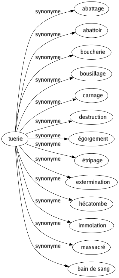 Synonyme de Tuerie : Abattage Abattoir Boucherie Bousillage Carnage Destruction Égorgement Étripage Extermination Hécatombe Immolation Massacré Bain de sang 