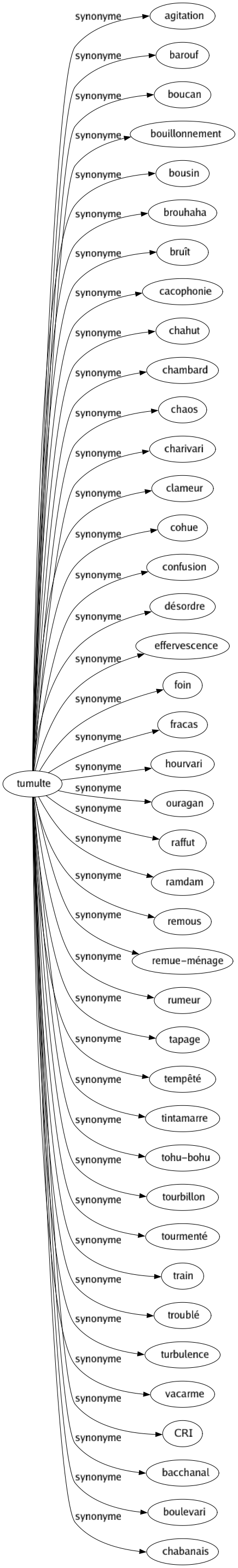 Synonyme de Tumulte : Agitation Barouf Boucan Bouillonnement Bousin Brouhaha Bruît Cacophonie Chahut Chambard Chaos Charivari Clameur Cohue Confusion Désordre Effervescence Foin Fracas Hourvari Ouragan Raffut Ramdam Remous Remue-ménage Rumeur Tapage Tempêté Tintamarre Tohu-bohu Tourbillon Tourmenté Train Troublé Turbulence Vacarme Cri Bacchanal Boulevari Chabanais 