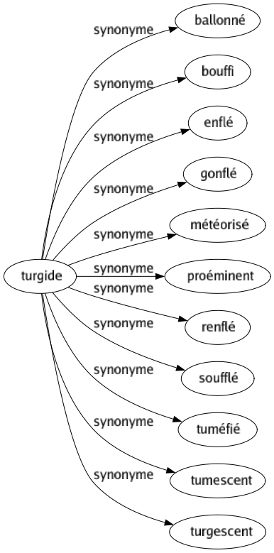 Synonyme de Turgide : Ballonné Bouffi Enflé Gonflé Météorisé Proéminent Renflé Soufflé Tuméfié Tumescent Turgescent 
