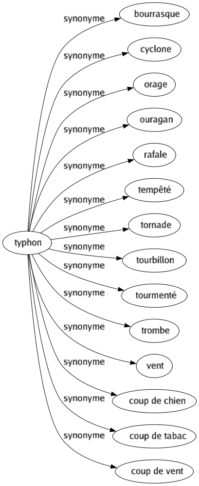 Synonyme de Typhon : Bourrasque Cyclone Orage Ouragan Rafale Tempêté Tornade Tourbillon Tourmenté Trombe Vent Coup de chien Coup de tabac Coup de vent 
