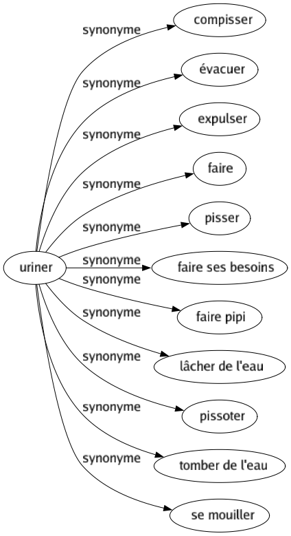 Synonyme de Uriner : Compisser Évacuer Expulser Faire Pisser Faire ses besoins Faire pipi Lâcher de l'eau Pissoter Tomber de l'eau Se mouiller 