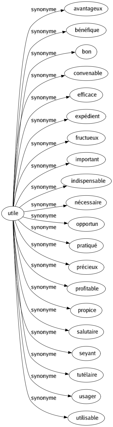 Synonyme de Utile : Avantageux Bénéfique Bon Convenable Efficace Expédient Fructueux Important Indispensable Nécessaire Opportun Pratiqué Précieux Profitable Propice Salutaire Seyant Tutélaire Usager Utilisable 