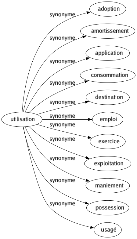 Synonyme de Utilisation : Adoption Amortissement Application Consommation Destination Emploi Exercice Exploitation Maniement Possession Usagé 