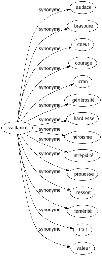 Synonyme de Vaillance : Audace Bravoure Coeur Courage Cran Générosité Hardiesse Héroïsme Intrépidité Prouesse Ressort Témérité Trait Valeur 