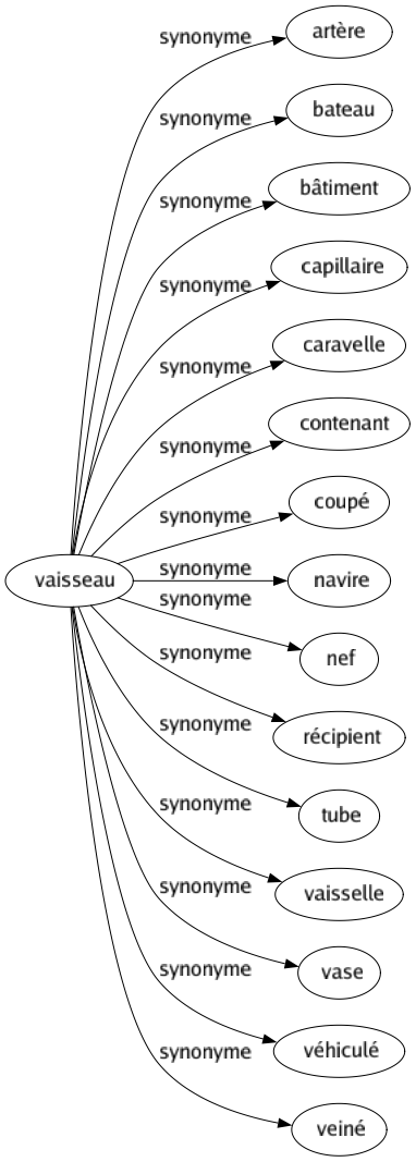 Synonyme de Vaisseau : Artère Bateau Bâtiment Capillaire Caravelle Contenant Coupé Navire Nef Récipient Tube Vaisselle Vase Véhiculé Veiné 