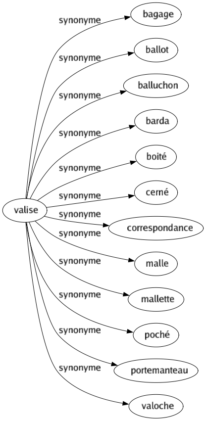 Synonyme de Valise : Bagage Ballot Balluchon Barda Boité Cerné Correspondance Malle Mallette Poché Portemanteau Valoche 
