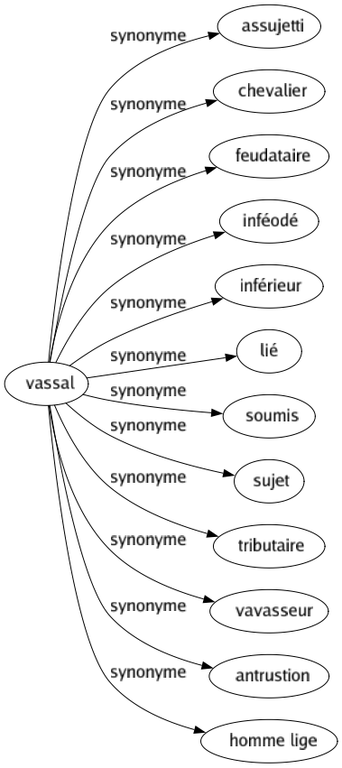 Synonyme de Vassal : Assujetti Chevalier Feudataire Inféodé Inférieur Lié Soumis Sujet Tributaire Vavasseur Antrustion Homme lige 