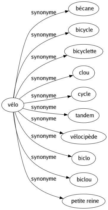 Synonyme de Vélo : Bécane Bicycle Bicyclette Clou Cycle Tandem Vélocipède Biclo Biclou Petite reine 
