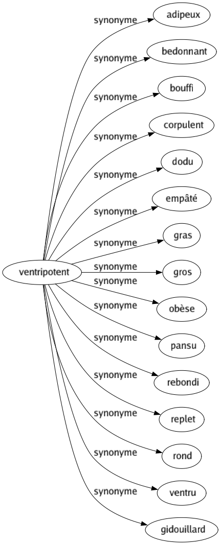 Synonyme de Ventripotent : Adipeux Bedonnant Bouffi Corpulent Dodu Empâté Gras Gros Obèse Pansu Rebondi Replet Rond Ventru Gidouillard 