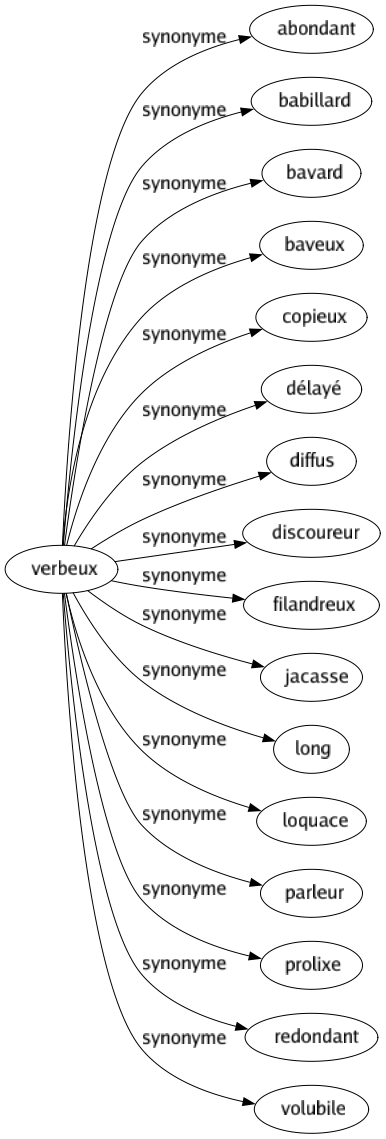 Synonyme de Verbeux : Abondant Babillard Bavard Baveux Copieux Délayé Diffus Discoureur Filandreux Jacasse Long Loquace Parleur Prolixe Redondant Volubile 