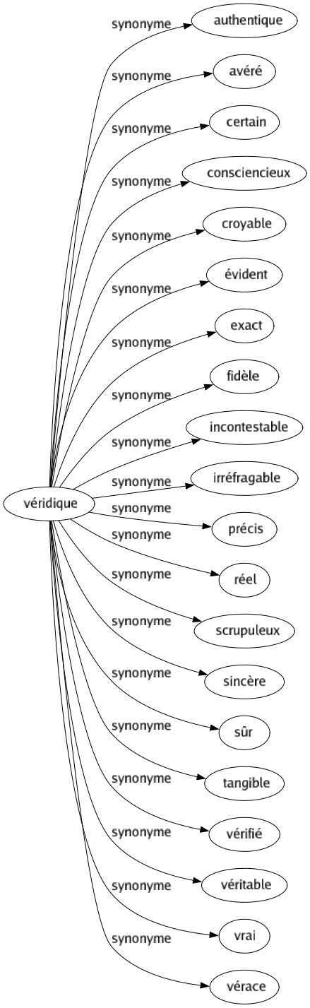 Synonyme de Véridique : Authentique Avéré Certain Consciencieux Croyable Évident Exact Fidèle Incontestable Irréfragable Précis Réel Scrupuleux Sincère Sûr Tangible Vérifié Véritable Vrai Vérace 
