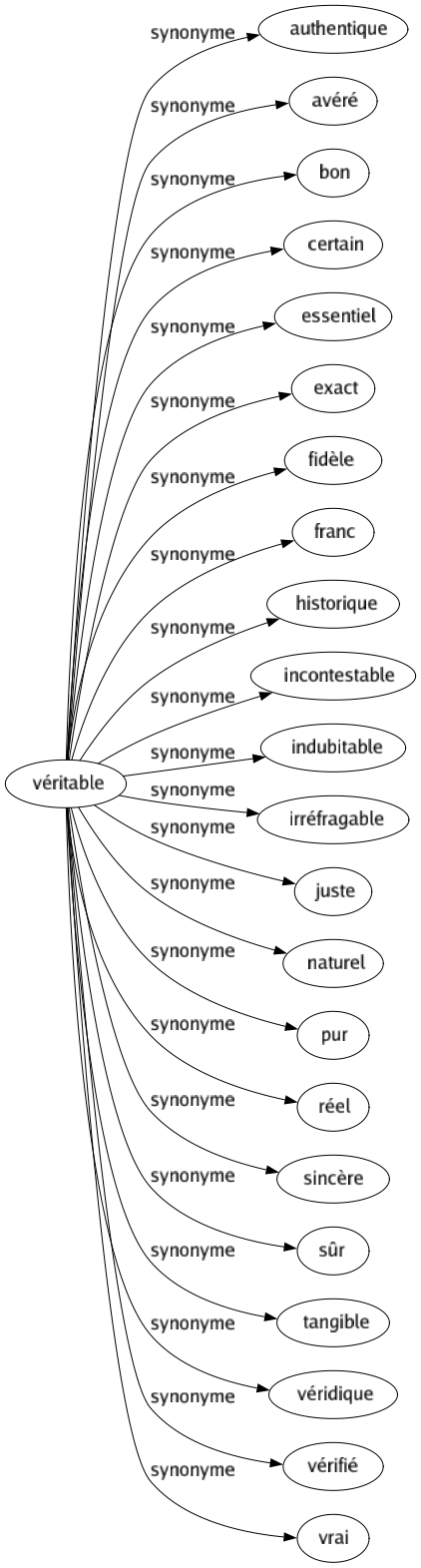 Synonyme de Véritable : Authentique Avéré Bon Certain Essentiel Exact Fidèle Franc Historique Incontestable Indubitable Irréfragable Juste Naturel Pur Réel Sincère Sûr Tangible Véridique Vérifié Vrai 