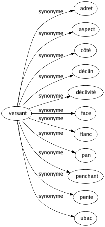 Synonyme de Versant : Adret Aspect Côté Déclin Déclivité Face Flanc Pan Penchant Pente Ubac 