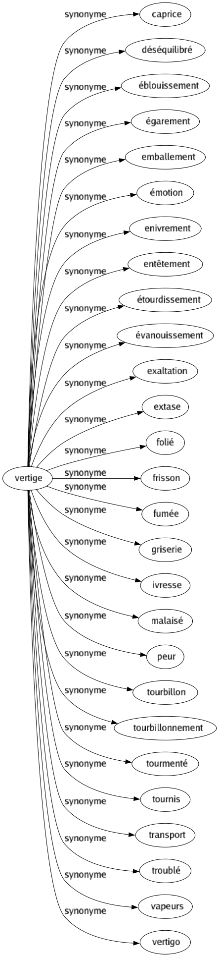Synonyme de Vertige : Caprice Déséquilibré Éblouissement Égarement Emballement Émotion Enivrement Entêtement Étourdissement Évanouissement Exaltation Extase Folié Frisson Fumée Griserie Ivresse Malaisé Peur Tourbillon Tourbillonnement Tourmenté Tournis Transport Troublé Vapeurs Vertigo 
