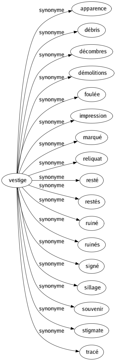 Synonyme de Vestige : Apparence Débris Décombres Démolitions Foulée Impression Marqué Reliquat Resté Restés Ruiné Ruinés Signé Sillage Souvenir Stigmate Tracé 