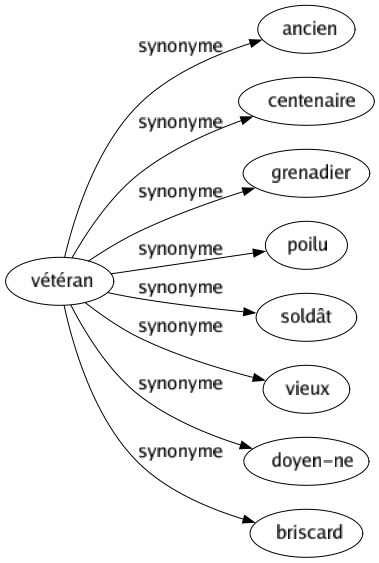 Synonyme de Vétéran : Ancien Centenaire Grenadier Poilu Soldât Vieux Doyen-ne Briscard 