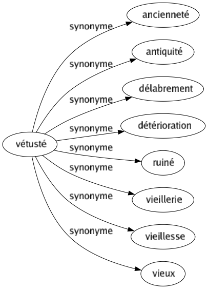 Synonyme de Vétusté : Ancienneté Antiquité Délabrement Détérioration Ruiné Vieillerie Vieillesse Vieux 