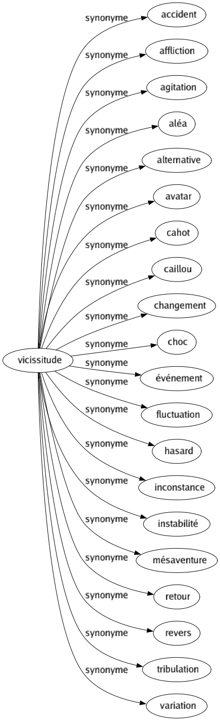 Synonyme de Vicissitude : Accident Affliction Agitation Aléa Alternative Avatar Cahot Caillou Changement Choc Événement Fluctuation Hasard Inconstance Instabilité Mésaventure Retour Revers Tribulation Variation 