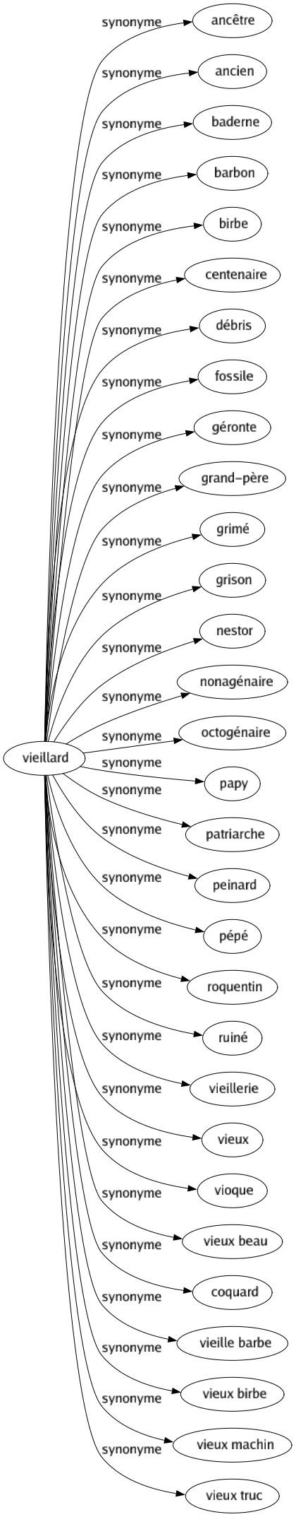 Synonyme de Vieillard : Ancêtre Ancien Baderne Barbon Birbe Centenaire Débris Fossile Géronte Grand-père Grimé Grison Nestor Nonagénaire Octogénaire Papy Patriarche Peinard Pépé Roquentin Ruiné Vieillerie Vieux Vioque Vieux beau Coquard Vieille barbe Vieux birbe Vieux machin Vieux truc 