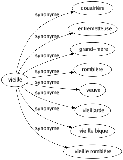 Synonyme de Vieille : Douairière Entremetteuse Grand-mère Rombière Veuve Vieillarde Vieille bique Vieille rombière 