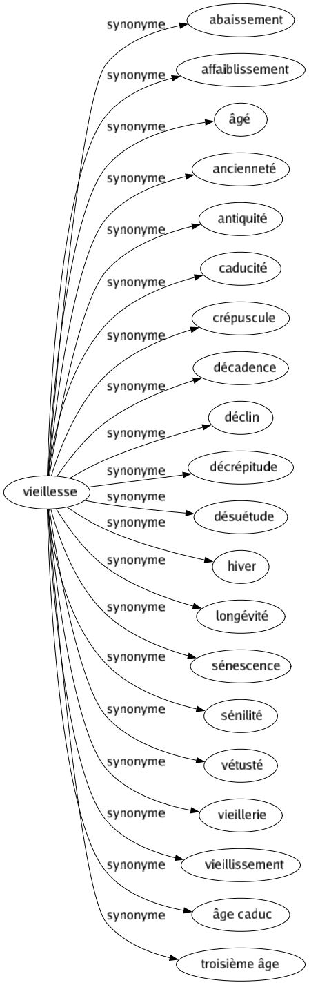 Synonyme de Vieillesse : Abaissement Affaiblissement Âgé Ancienneté Antiquité Caducité Crépuscule Décadence Déclin Décrépitude Désuétude Hiver Longévité Sénescence Sénilité Vétusté Vieillerie Vieillissement Âge caduc Troisième âge 