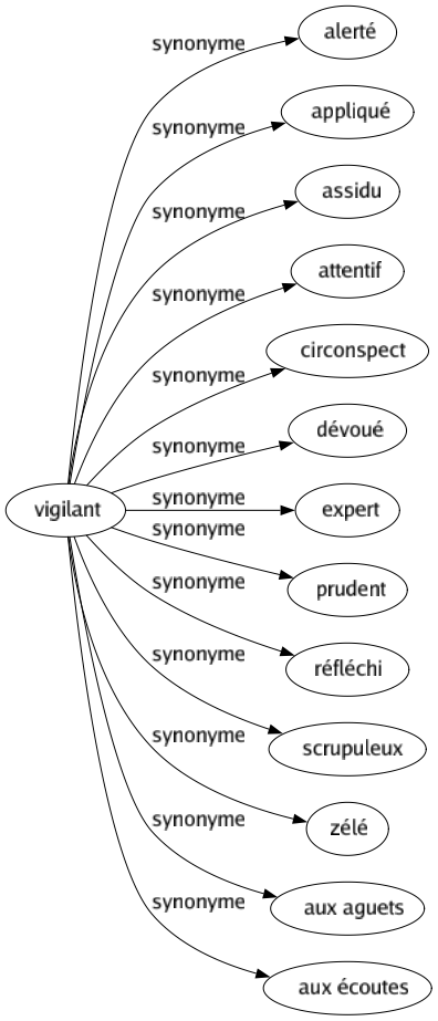 Synonyme de Vigilant : Alerté Appliqué Assidu Attentif Circonspect Dévoué Expert Prudent Réfléchi Scrupuleux Zélé Aux aguets Aux écoutes 
