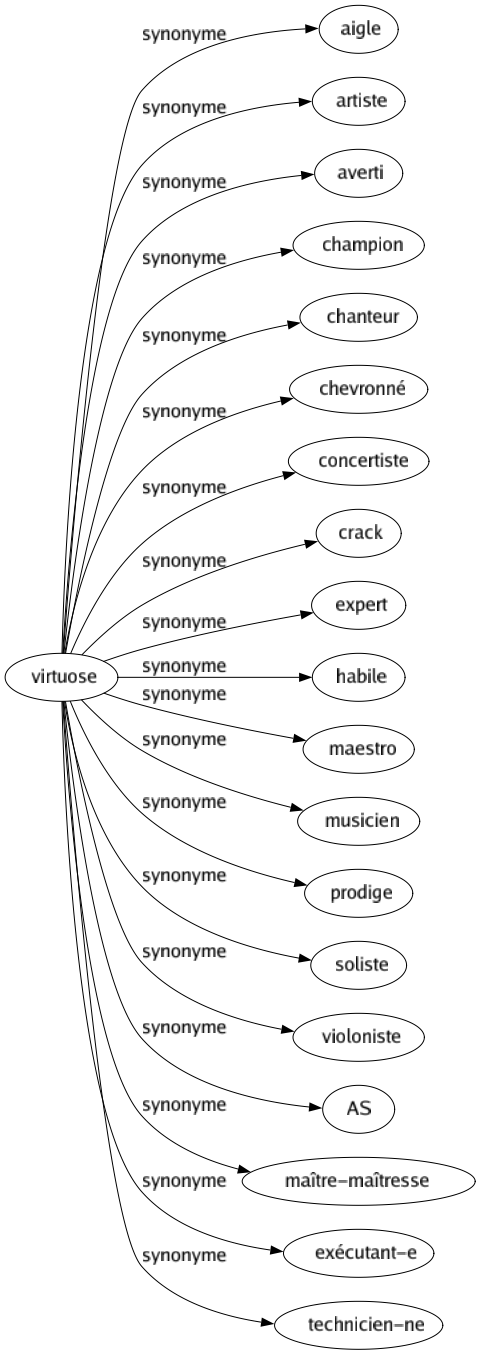 Synonyme de Virtuose : Aigle Artiste Averti Champion Chanteur Chevronné Concertiste Crack Expert Habile Maestro Musicien Prodige Soliste Violoniste As Maître-maîtresse Exécutant-e Technicien-ne 