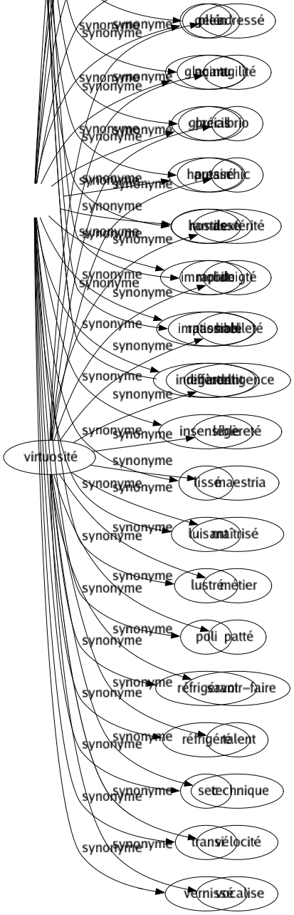 Synonyme de Virtuosité : Adressé Agilité Brio Chic Dextérité Doigté Habileté Intelligence Légèreté Maestria Maîtrisé Métier Patté Savoir-faire Talent Technique Vélocité Vocalise 