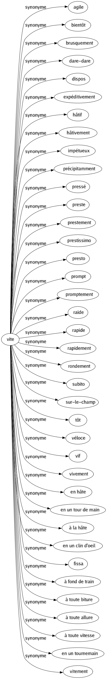 Synonyme de Vite : Agile Bientôt Brusquement Dare-dare Dispos Expéditivement Hâtif Hâtivement Impétueux Précipitamment Pressé Preste Prestement Prestissimo Presto Prompt Promptement Raide Rapide Rapidement Rondement Subito Sur-le-champ Tôt Véloce Vif Vivement En hâte En un tour de main À la hâte En un clin d'oeil Fissa À fond de train À toute biture À toute allure À toute vitesse En un tournemain Vitement 