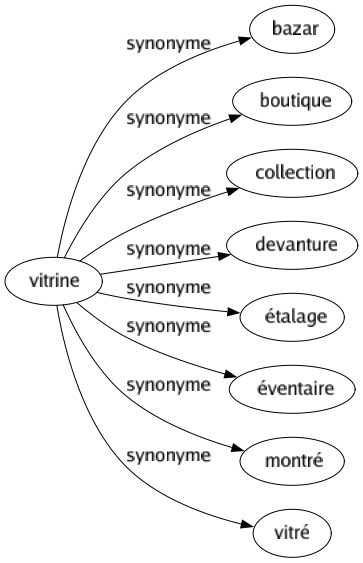 Synonyme de Vitrine : Bazar Boutique Collection Devanture Étalage Éventaire Montré Vitré 