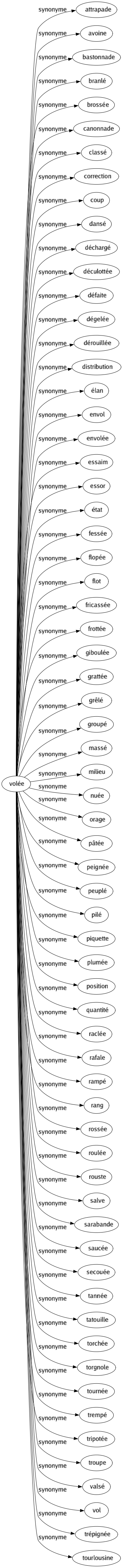 Synonyme de Volée : Attrapade Avoine Bastonnade Branlé Brossée Canonnade Classé Correction Coup Dansé Déchargé Déculottée Défaite Dégelée Dérouillée Distribution Élan Envol Envolée Essaim Essor État Fessée Flopée Flot Fricassée Frottée Giboulée Grattée Grêlé Groupé Massé Milieu Nuée Orage Pâtée Peignée Peuplé Pilé Piquette Plumée Position Quantité Raclée Rafale Rampé Rang Rossée Roulée Rouste Salve Sarabande Saucée Secouée Tannée Tatouille Torchée Torgnole Tournée Trempé Tripotée Troupe Valsé Vol Trépignée Tourlousine 