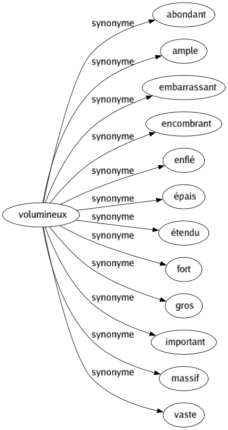 Synonyme de Volumineux : Abondant Ample Embarrassant Encombrant Enflé Épais Étendu Fort Gros Important Massif Vaste 
