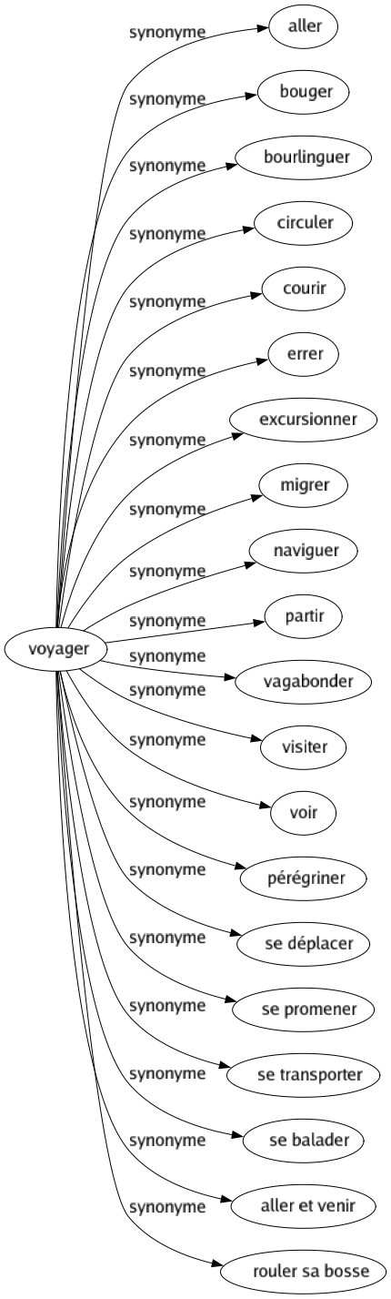 Synonyme de Voyager : Aller Bouger Bourlinguer Circuler Courir Errer Excursionner Migrer Naviguer Partir Vagabonder Visiter Voir Pérégriner Se déplacer Se promener Se transporter Se balader Aller et venir Rouler sa bosse 
