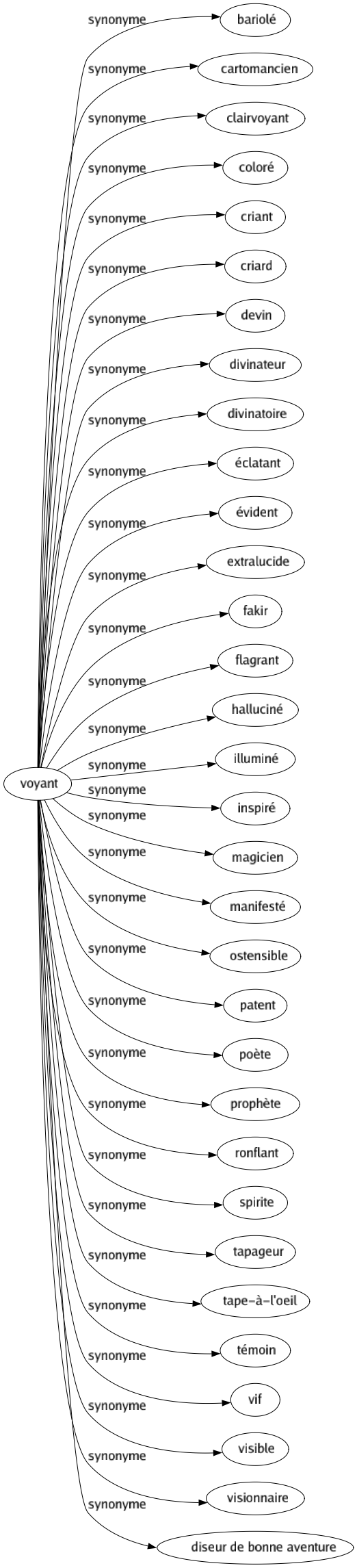 Synonyme de Voyant : Bariolé Cartomancien Clairvoyant Coloré Criant Criard Devin Divinateur Divinatoire Éclatant Évident Extralucide Fakir Flagrant Halluciné Illuminé Inspiré Magicien Manifesté Ostensible Patent Poète Prophète Ronflant Spirite Tapageur Tape-à-l'oeil Témoin Vif Visible Visionnaire Diseur de bonne aventure 