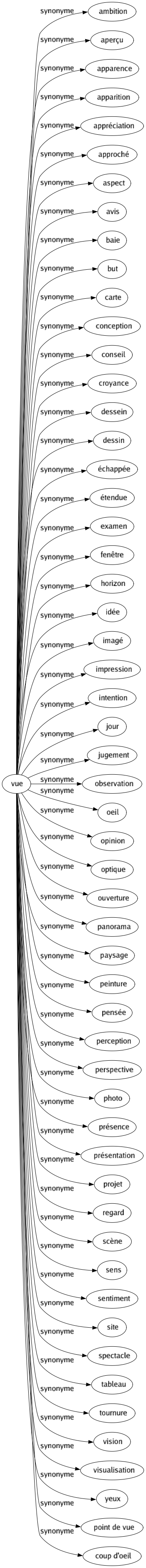 Synonyme de Vue : Ambition Aperçu Apparence Apparition Appréciation Approché Aspect Avis Baie But Carte Conception Conseil Croyance Dessein Dessin Échappée Étendue Examen Fenêtre Horizon Idée Imagé Impression Intention Jour Jugement Observation Oeil Opinion Optique Ouverture Panorama Paysage Peinture Pensée Perception Perspective Photo Présence Présentation Projet Regard Scène Sens Sentiment Site Spectacle Tableau Tournure Vision Visualisation Yeux Point de vue Coup d'oeil 