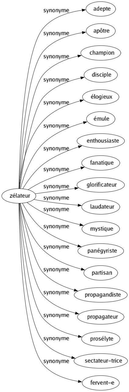 Synonyme de Zélateur : Adepte Apôtre Champion Disciple Élogieux Émule Enthousiaste Fanatique Glorificateur Laudateur Mystique Panégyriste Partisan Propagandiste Propagateur Prosélyte Sectateur-trice Fervent-e 